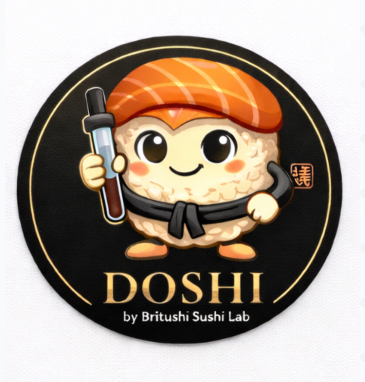 Mascote DOSHI com faixa de sushi chef